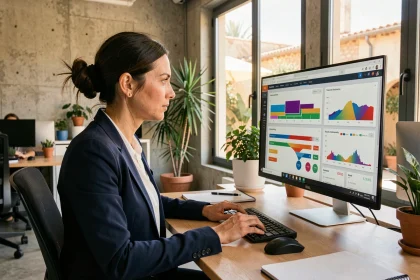 Consultante en agence digitale à Montpellier analysant une stratégie marketing sur ordinateur pour remplir le carnet de commandes d'un client