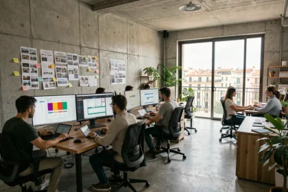 Vue large d'une agence de création de sites internet moderne à Marseille, avec des designers travaillant sur des écrans affichant des maquettes web colorées