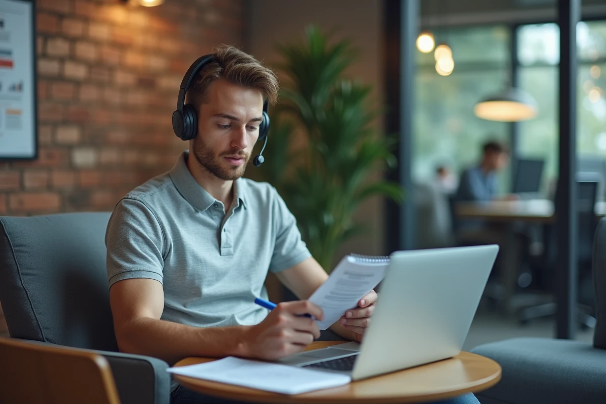 Agent de support client étudiant seul les meilleures pratiques du live chat avec un manuel de formation et un ordinateur portable dans un espace de travail moderne