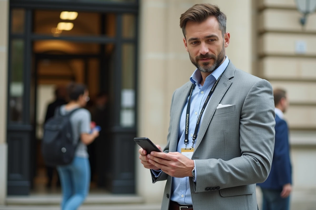 Agent de la fonction publique consultant son salaire sur smartphone devant un bâtiment administratif