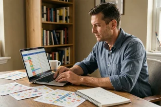 Un homme analyse des statistiques de jeux FDJ sur son ordinateur portable dans un bureau à domicile bien organisé