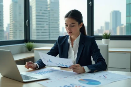 Analyste &eacute;conomique examinant des indicateurs territoriaux sur des graphiques imprim&eacute;s dans un bureau moderne avec vue sur la ville