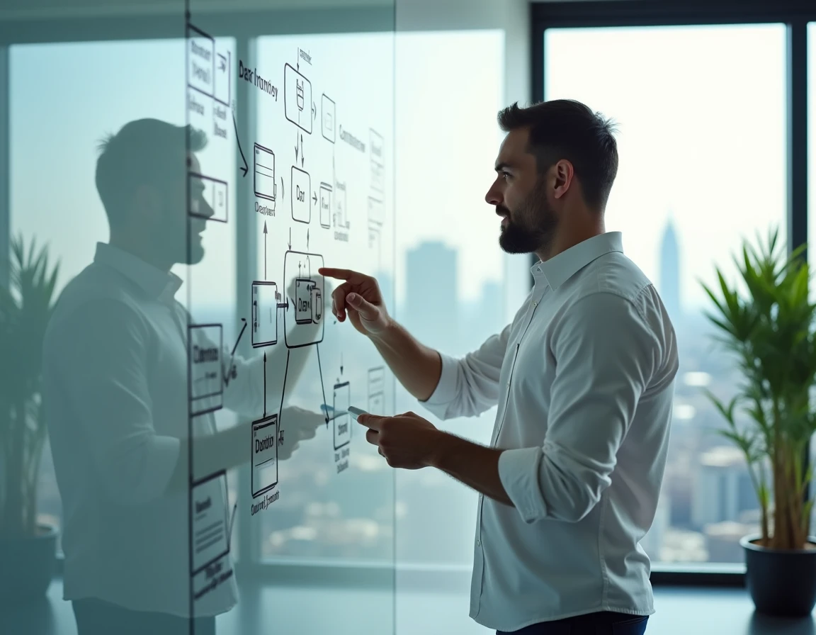 Consultant data architect debout devant un tableau blanc avec des schémas d'intégration de sources de données multiples