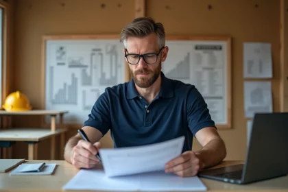 Artisan du bâtiment consultant un devis BTP sur un bureau de chantier avec documents imprimés et laptop ouvert