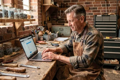Artisan menuisier s'inscrivant sur une plateforme en ligne depuis son atelier avec des outils en arrière-plan