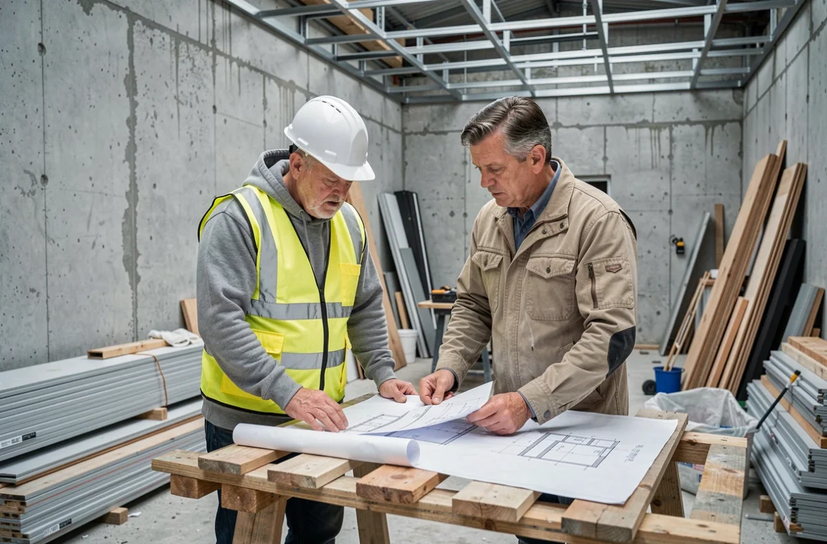 Deux artisans du bâtiment en portage salarial discutant de plans sur un chantier de construction
