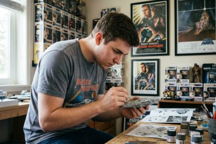 Jeune homme assemble un mod&egrave;le de vaisseau spatial avec concentration