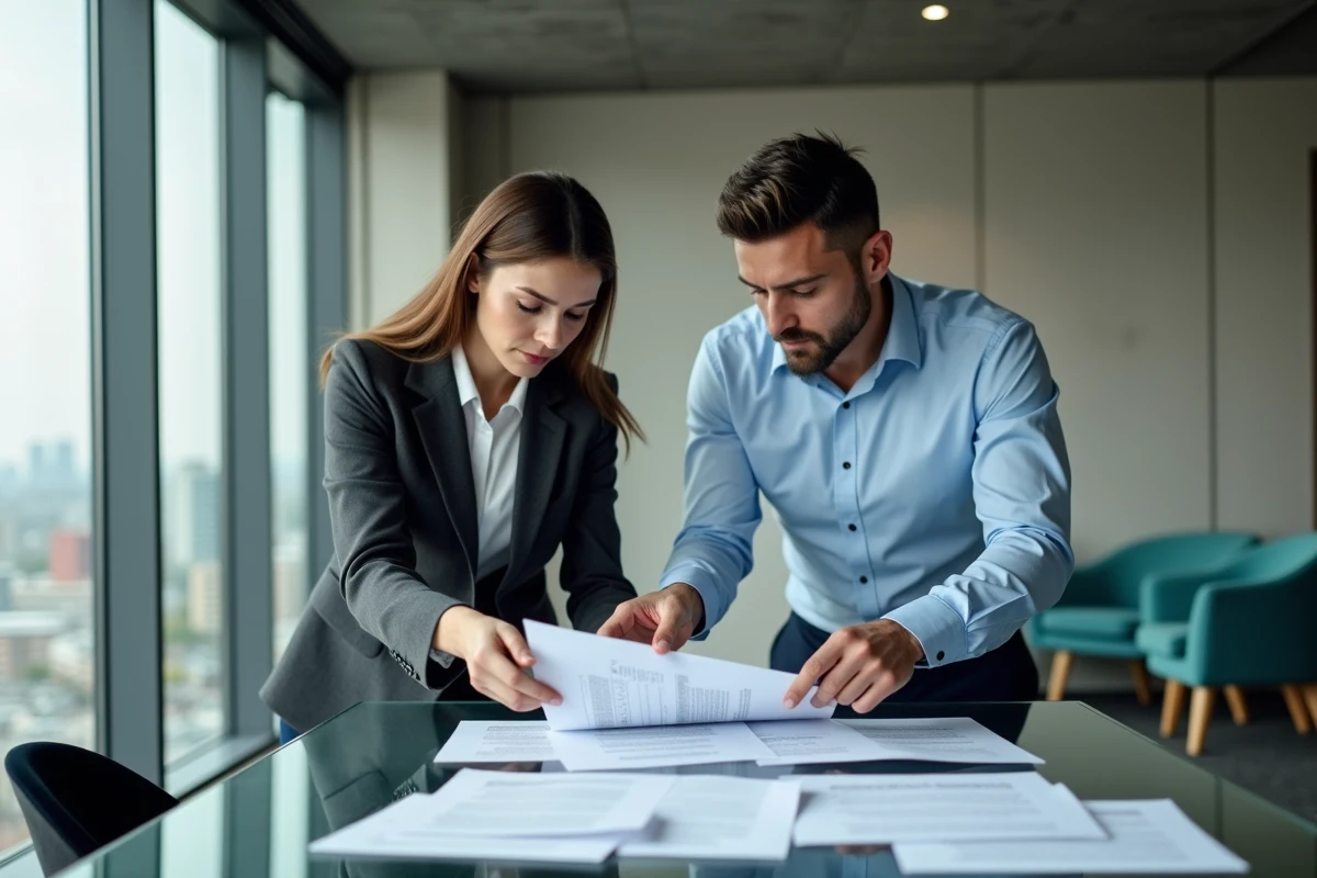 Deux associés professionnels examinent ensemble des documents Kbis et Urssaf sur une table de réunion dans un espace de coworking moderne