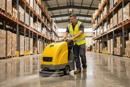 Opérateur masculin conduisant une autolaveuse compacte dans un entrepôt logistique industriel aux rayonnages métalliques chargés de palettes