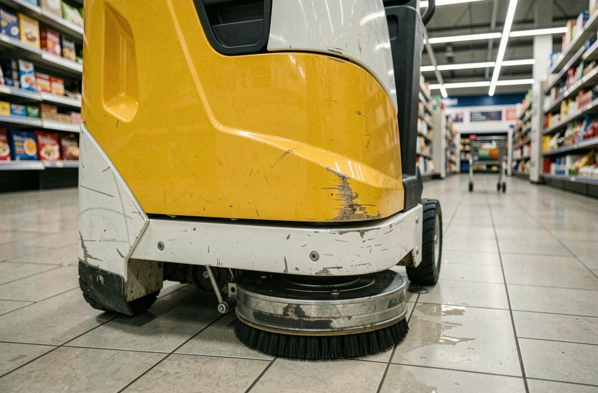 Gros plan d'une autolaveuse autoportée stationnée dans l'allée d'un hypermarché, montrant les détails de la brosse et du châssis