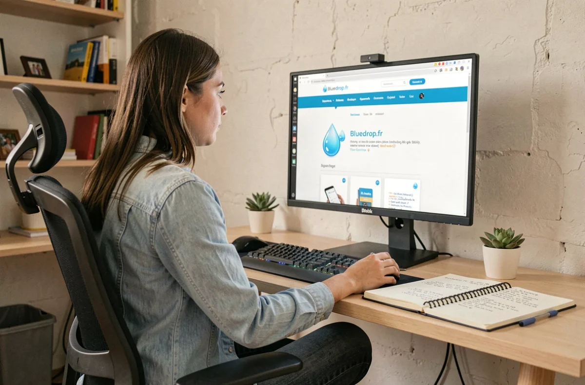 Développeuse web de l'agence bluedrop.fr travaillant sur une interface e-commerce avec une identité visuelle bleue