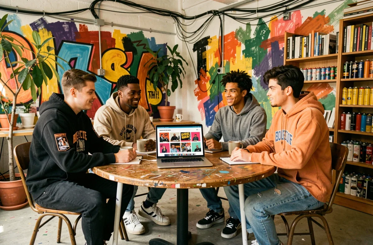 Collectif créatif de Bolectif réuni autour d'une table dans un espace de co-working coloré avec des murales urbaines