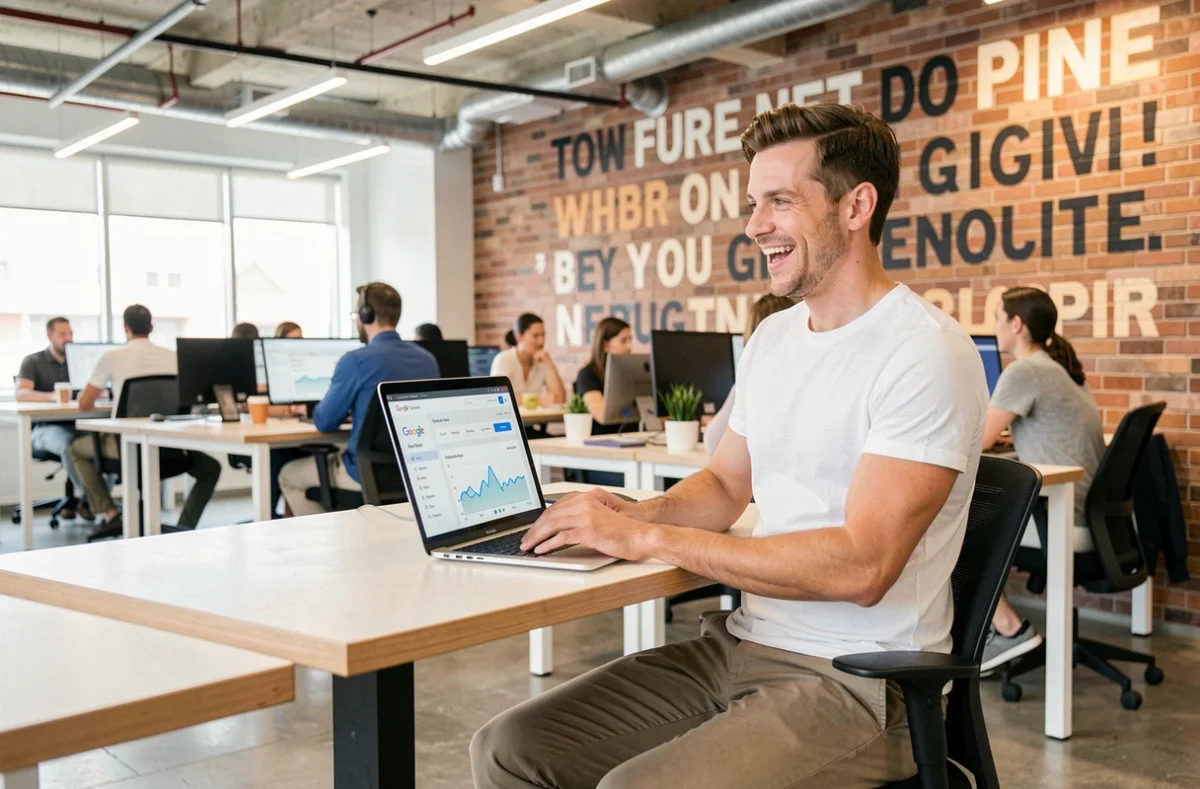 Consultant SEO de Boost Your Web travaillant sur Google Search Console dans un espace de co-working moderne
