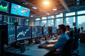 Salle de trading boursier dynamique avec traders et graphiques