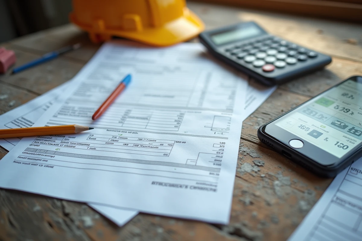 Vue aérienne d'un bureau de chantier avec planning Gantt imprimé, application de suivi des coûts sur smartphone et factures de travaux BTP