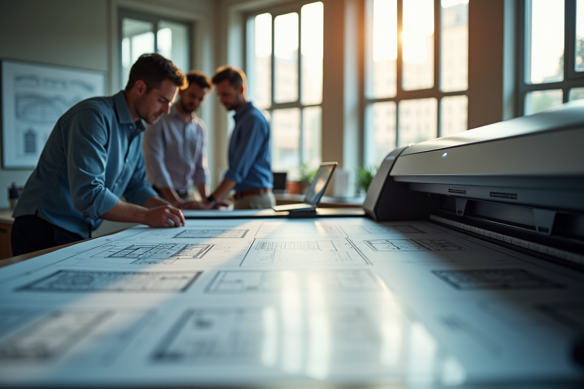 Bureau d'ingénierie moderne avec plans techniques lumineux