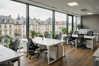 Espace de bureaux moderne meublé avec vue sur la ville de Clermont-Ferrand, idéal pour une location professionnelle