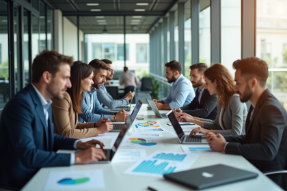 Groupe de jeunes professionnels dans un bureau moderne analysant des données