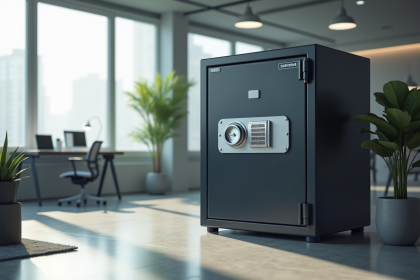 Salle de bureau moderne avec coffre-fort ignifuge visible