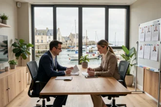 Consultants en recrutement travaillant dans un cabinet moderne avec vue sur un port breton, illustrant le secteur du recrutement dans le Morbihan