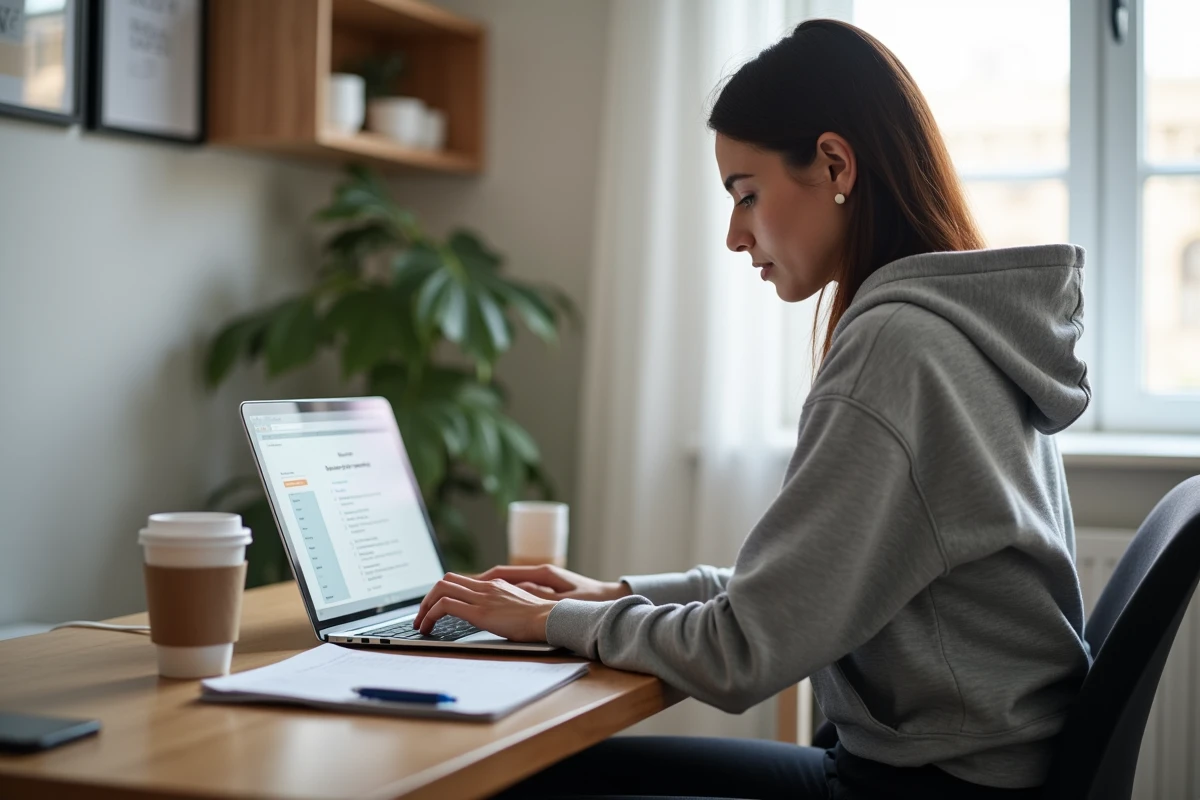 Femme candidate livreur Amazon recherchant des contrats sur son ordinateur portable à la maison