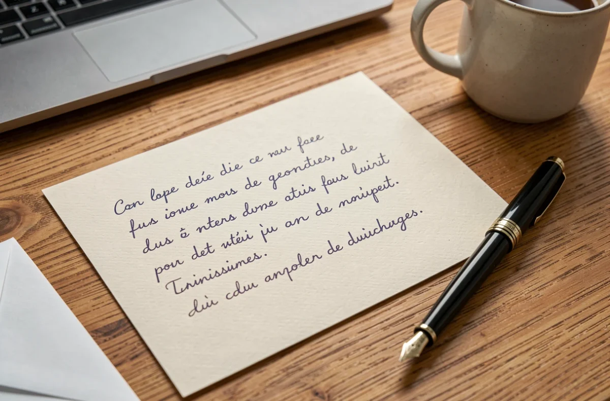 Carte de condoléances manuscrite en français posée sur un bureau en bois avec un stylo plume, évoquant un message de soutien à une collègue