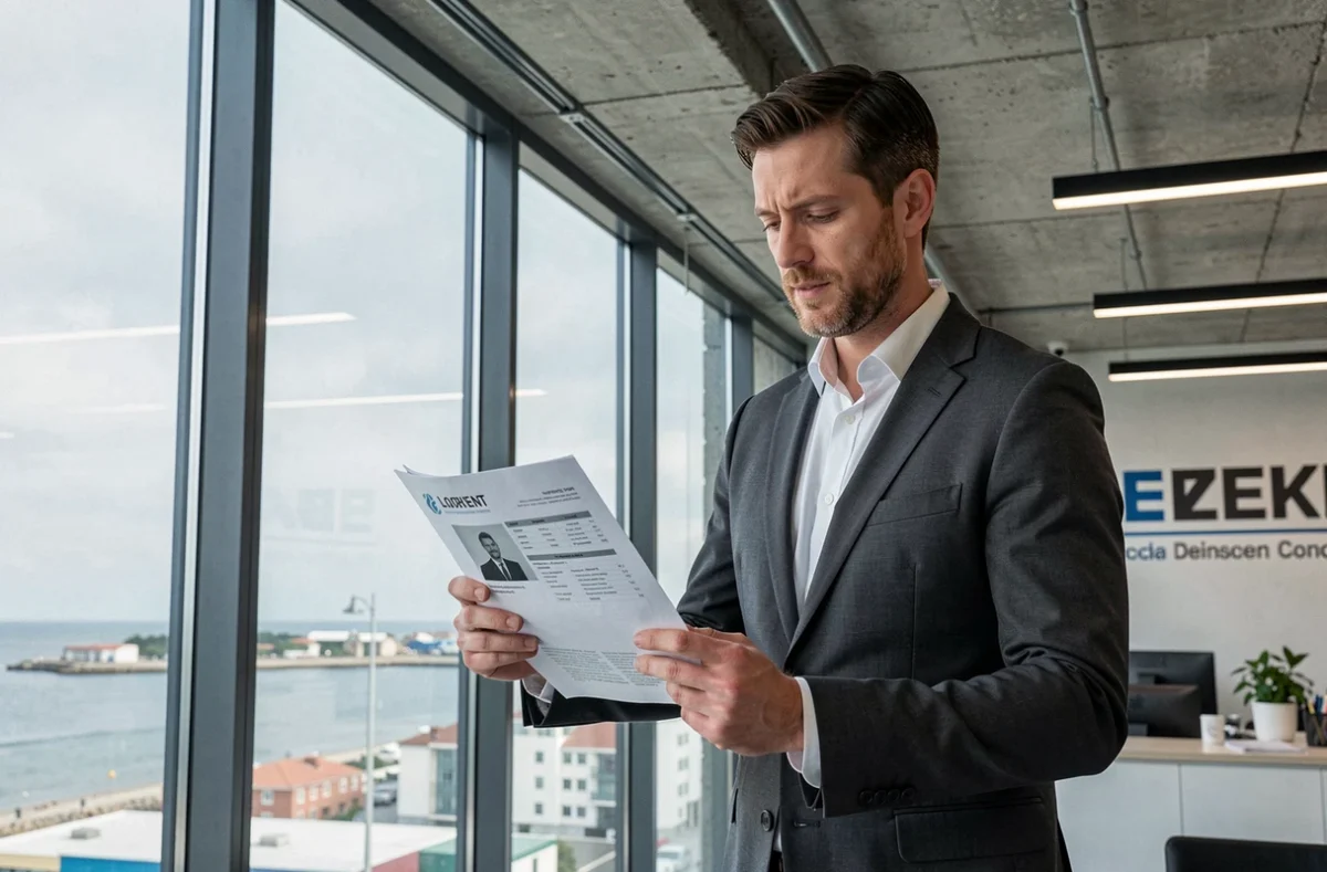 Consultant en recrutement chez Cartesio Lorient debout près d'une fenêtre panoramique avec vue sur la ville, tenant un dossier candidat