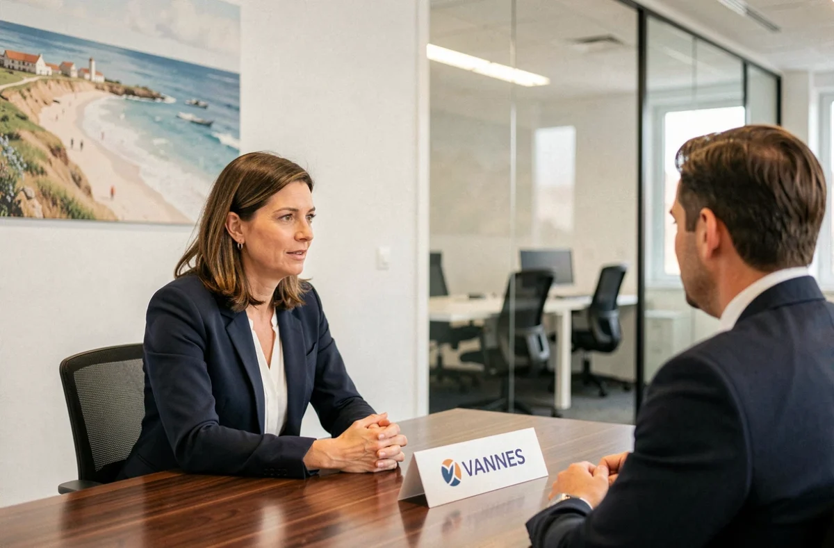 Entretien de recrutement professionnel dans les bureaux de Cartesio à Vannes, avec une consultante et un candidat en discussion