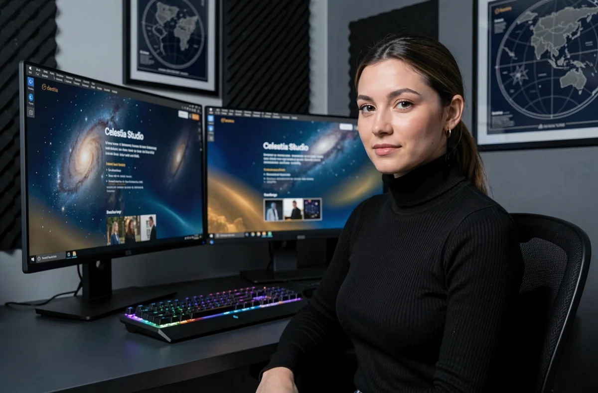 Motion designer de Celestia Studio travaillant sur des animations web aux thèmes célestes et cosmiques sur trois écrans