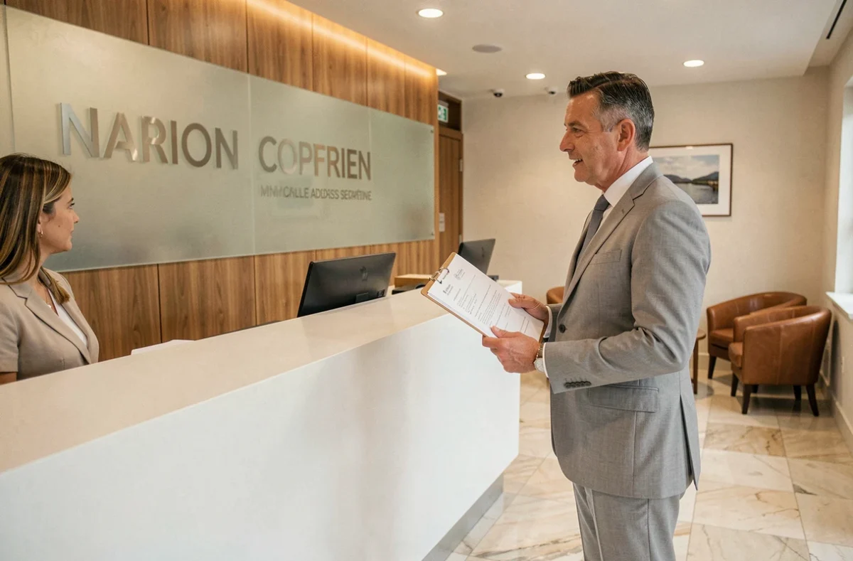 Entrepreneur déposant des documents de domiciliation dans un centre d'affaires professionnel à Lyon