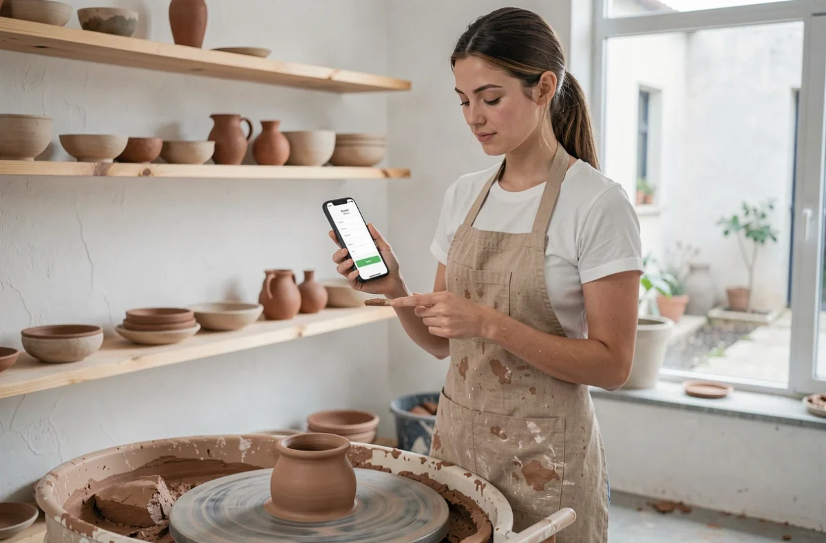 Jeune artisane céramiste utilisant son smartphone pour s'inscrire sur une plateforme dédiée aux petits artisans