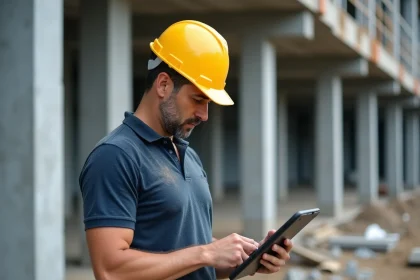 Chef de chantier BTP consultant une application de suivi sur tablette avec vue sur le chantier en arrière-plan