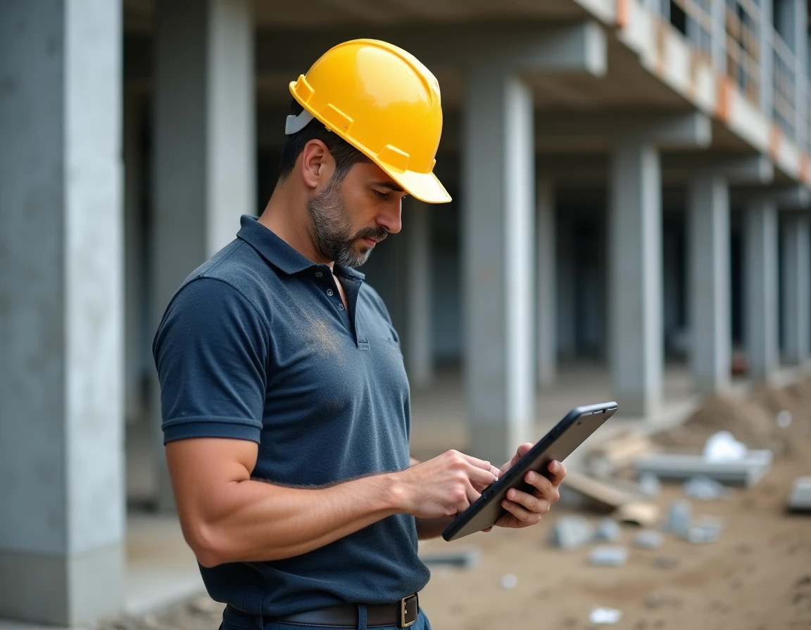 Chef de chantier BTP consultant une application de suivi sur tablette avec vue sur le chantier en arrière-plan