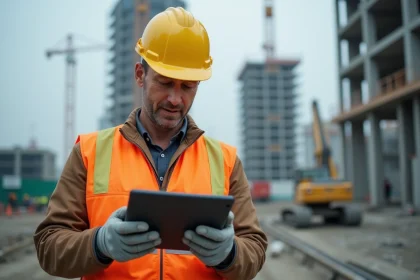 Chef de chantier consultant un logiciel de gestion de chantier sur tablette avec structures en béton et échafaudages en arrière-plan