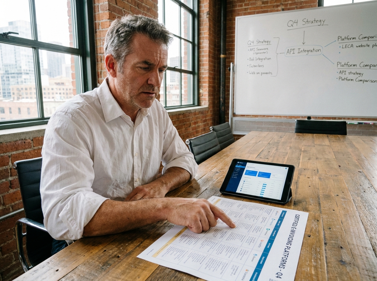 Chef d'entreprise comparant des plateformes de facturation électronique agréées autour d'une table de réunion