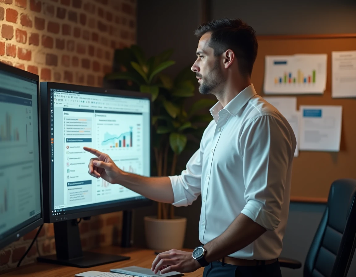 Chef d'entreprise consultant un guide tarifaire en ligne pour optimiser sa gestion financière