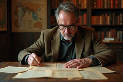 Chercheur homme en tweed examine vieux documents dans étude
