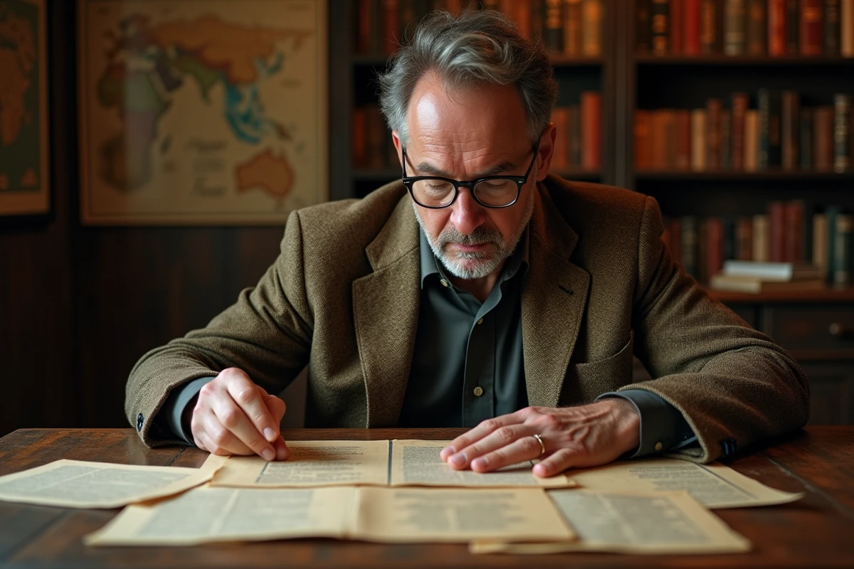 Chercheur homme en tweed examine vieux documents dans étude