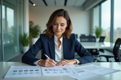 Femme professionnelle comparant des documents d'agences marketing dans un bureau moderne
