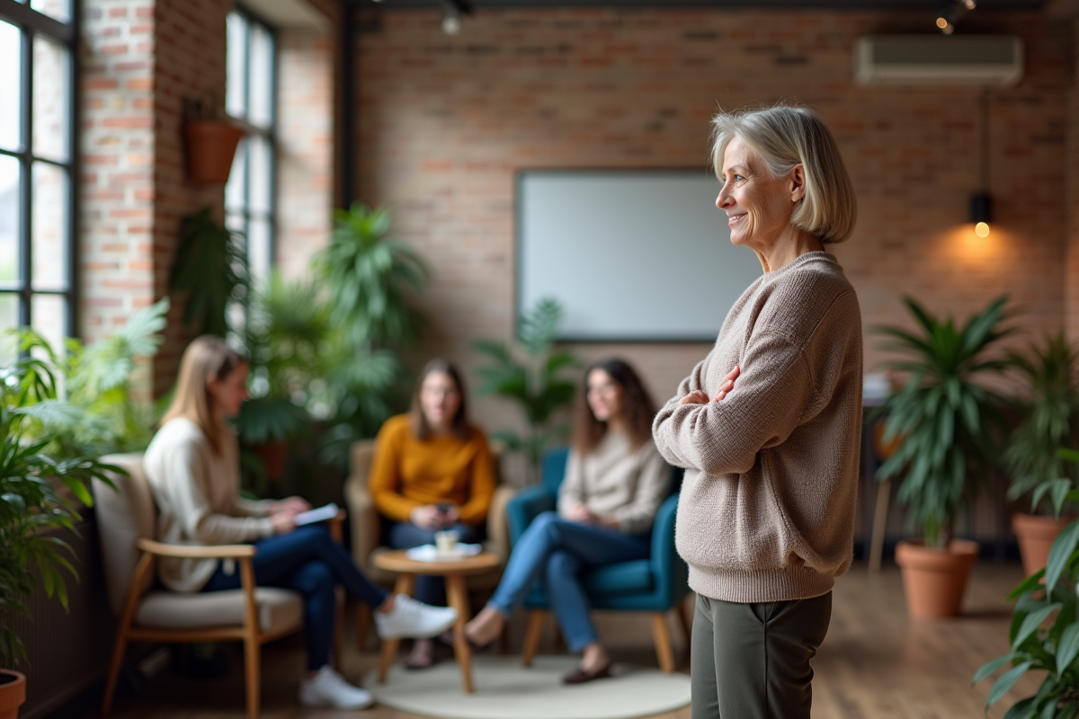 Coach observe un groupe de jeunes en discussion dans un espace coworking
