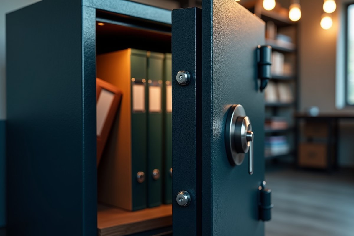 Coffre-fort ouvert avec documents et disques de sauvegarde