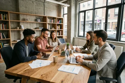 Groupe de collègues adultes collaborant autour d'une table de réunion dans un bureau moderne, illustrant le travail au sein d'un groupe professionnel
