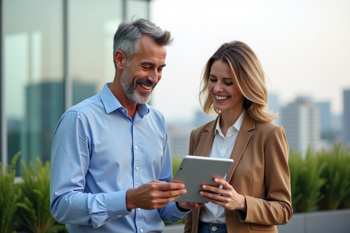Deux professionnels discutant sur une terrasse urbaine