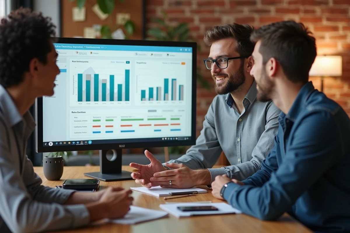 Groupe de jeunes professionnels collaborant devant un écran