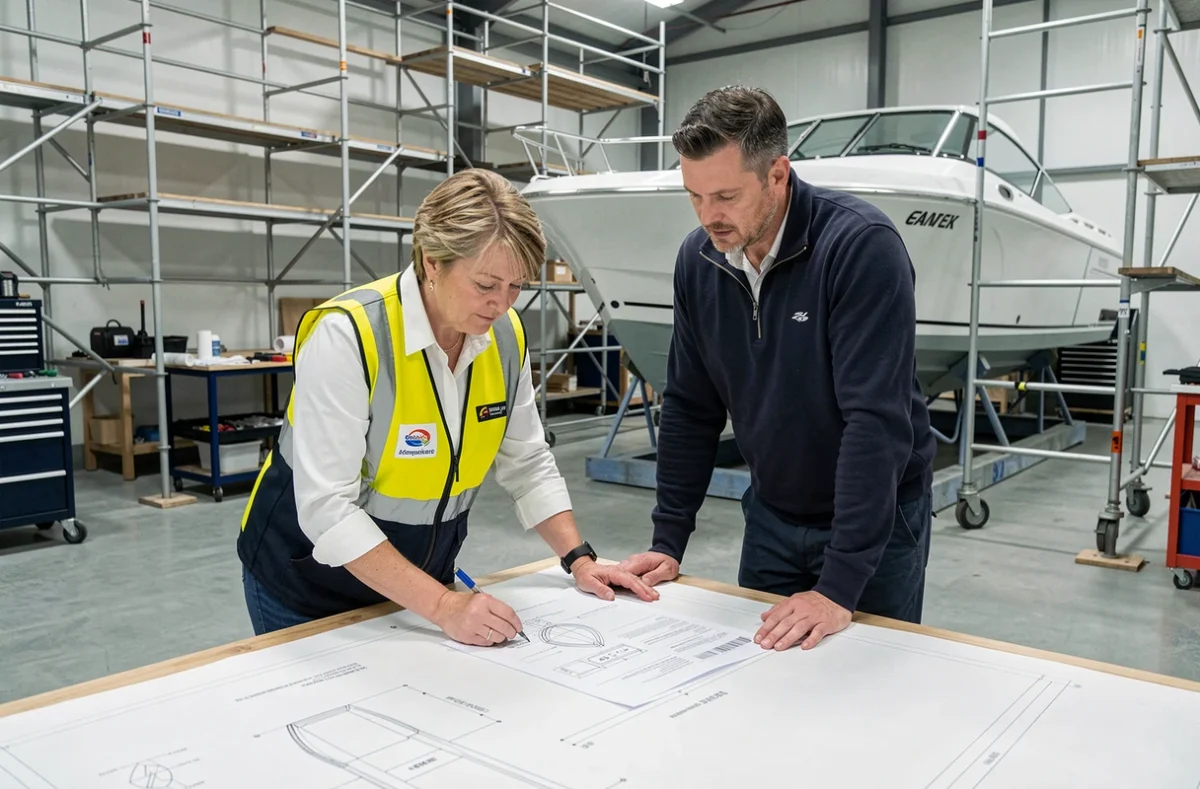 Une représentante commerciale et un responsable de construction navale examinent des documents techniques dans un chantier nautique, illustrant la collaboration entre shipchandler et fabricant de bateaux