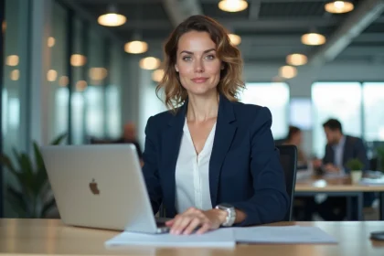 Collaboratrice de Kühne+Nagel travaillant dans un bureau logistique moderne, illustrant les avis des employés sur leur environnement de travail