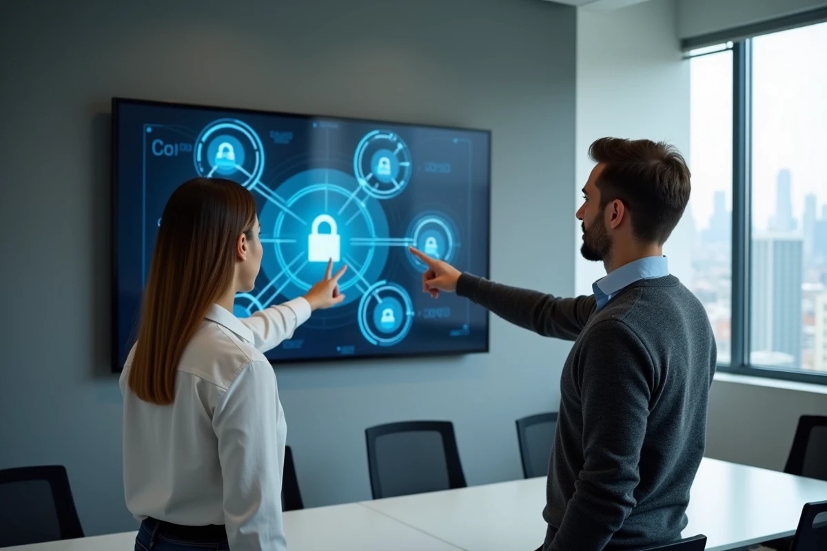 Deux collègues collaborant sur une carte de réseau cybersécurité en salle de réunion d'entreprise