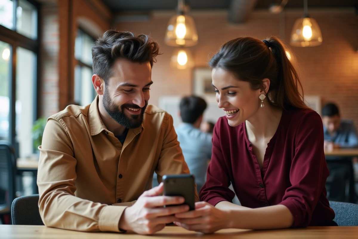 Deux collègues consultant l'application sécurisée My People docs sur smartphone dans un espace de coworking