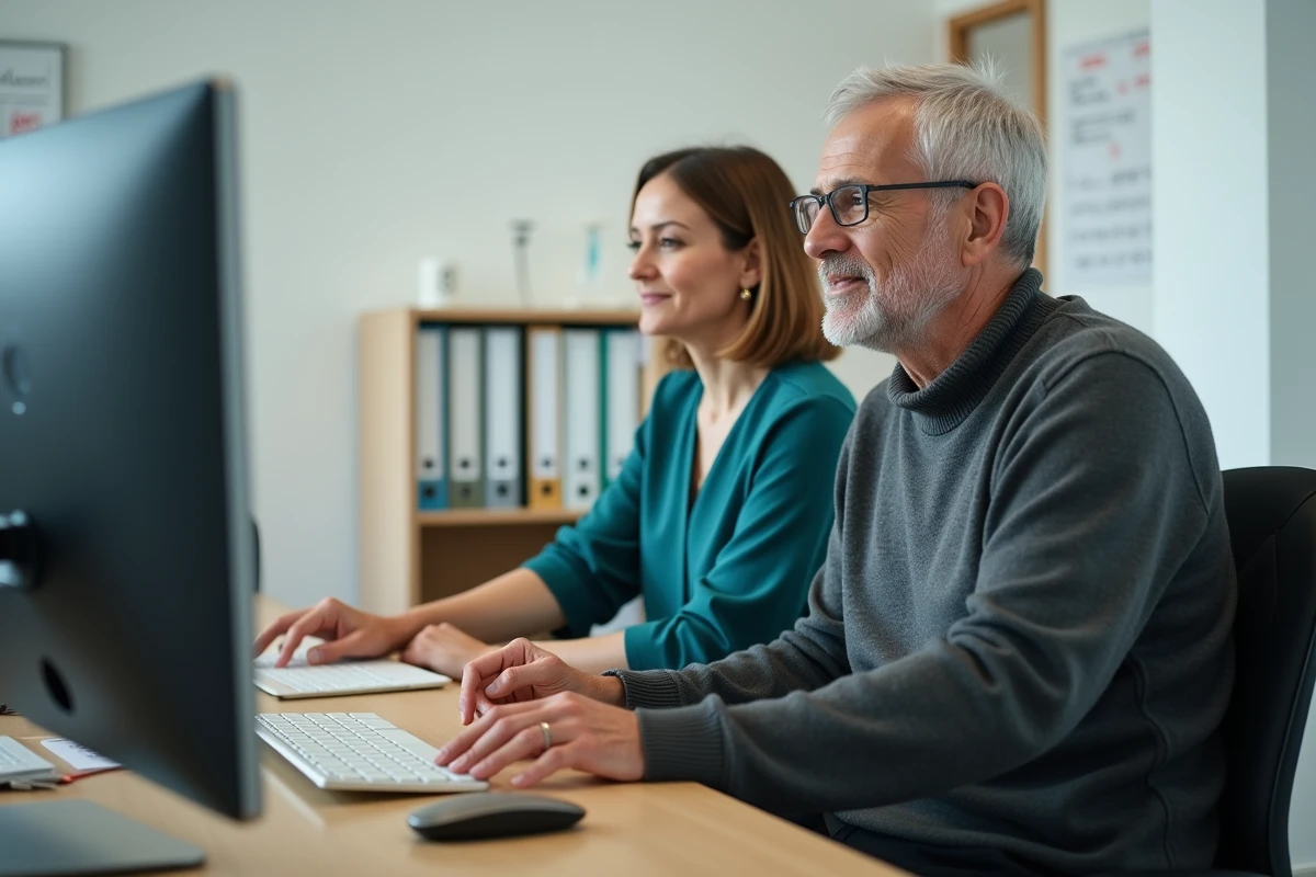 Deux collègues explorant ensemble les fonctionnalités du portail salarié Mon ADP sur un poste informatique