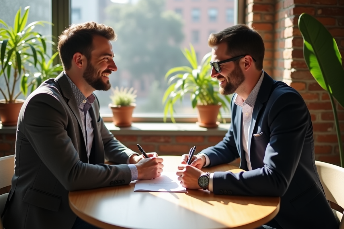 Deux collègues signant un accord dans un espace de coworking lumineux